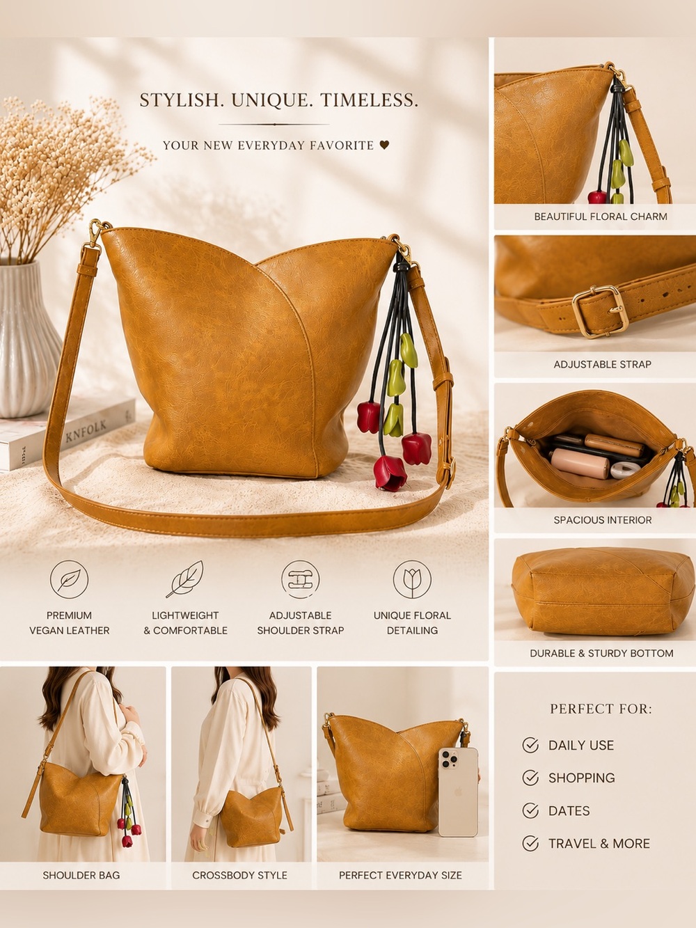 ESPE Viola Shoulder Bag With Flower Charm Mustard Yellow Vegan Leather